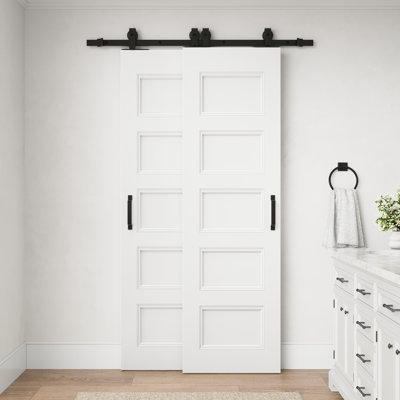 Porte intérieure standard à 5 panneaux, 40 po x 80 po, encastrée, en bois massif apprêté blanc, avec quincaillerie pour porte coulissante de type grange, idéale pour une chambre ou un salon. Convient à une chambre ou à un salon.