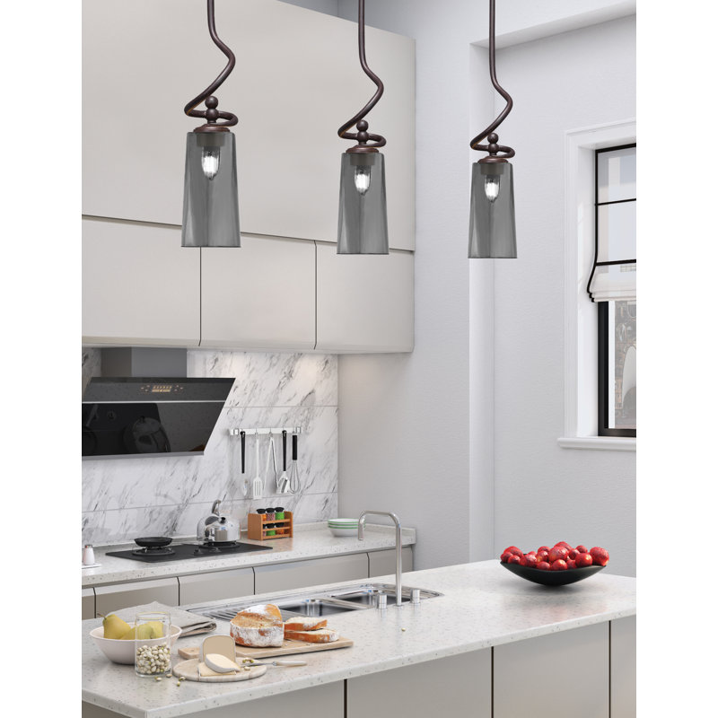 Suspension Sadea Stem Hung Mini présentée en fini granit foncé avec verre fumé bullé de 12,7 cm de largeur x 25,4 cm de hauteur