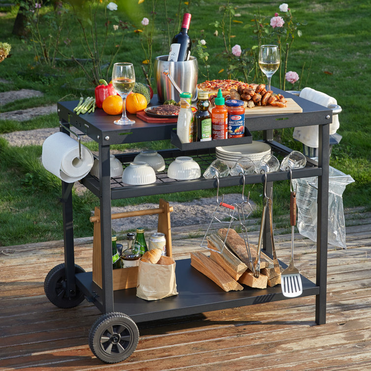 Ozion Three-Shelf Outdoor Grill Dining Cart Movable BBQ Trolley With Two Wheels