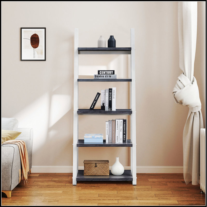 5-Tier Ladder Shelves, Bookcase With Rubber Wood Frame For Modern And Space-Efficient Storage In Living Rooms, Offices, Kitchens, Bedrooms, And Apartments