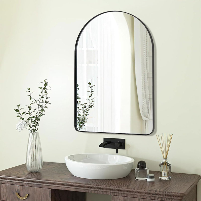 Hafsa Antique Arched Bathroom Vanity Mirror | Stainless Steel Frame, 35" x 22", Matte Black