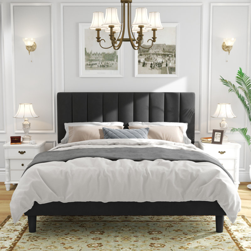 Jerrine Velvet Upholstered Platform Bed, Black, King
