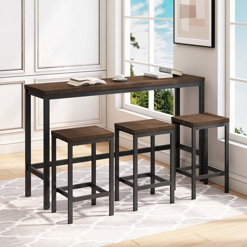 Table de salle à manger Design, table de pub, ensemble de table de salle à manger longue avec 3 tabourets, assemblage facile, brun foncé