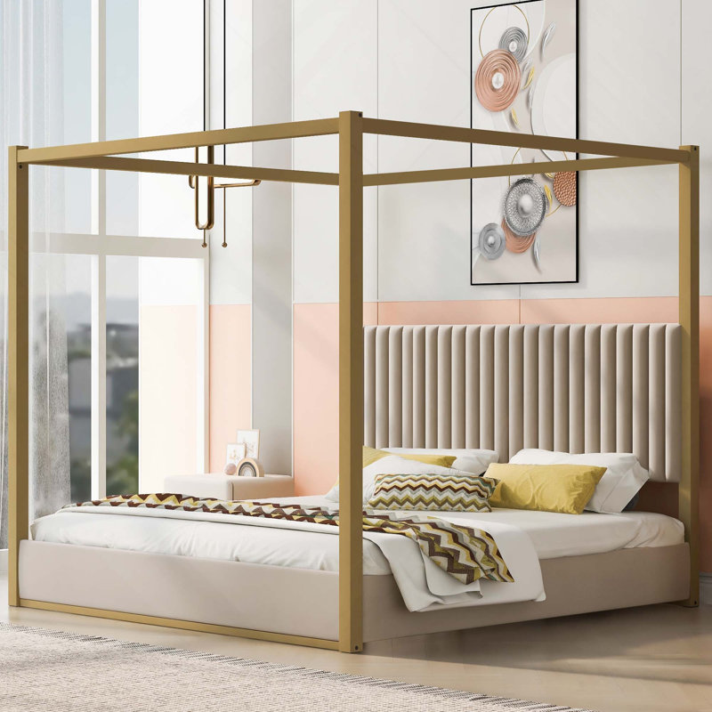 Lit plateforme à baldaquin avec tête de lit et structure en métal Upholstery, Beige