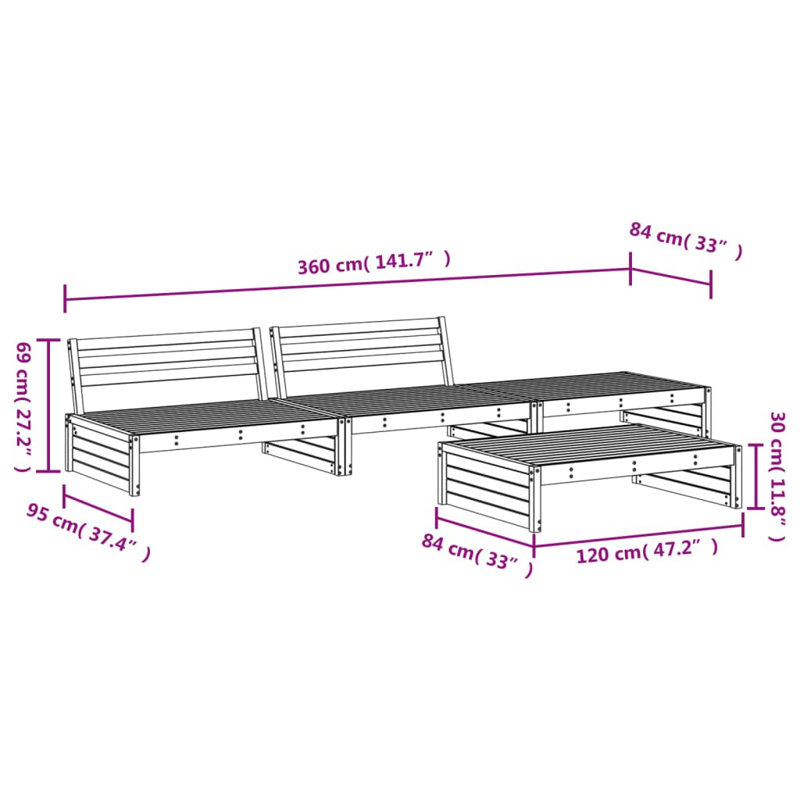 Alpen Home 4 Piece Garden Lounge Set Solid Wood Pine, Honey Brown