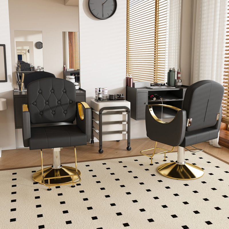  Fauteuil de coiffeur professionnel avec pivotant à 360 °, fauteuil de coiffeur robuste avec base dorée, noir et or, Noir