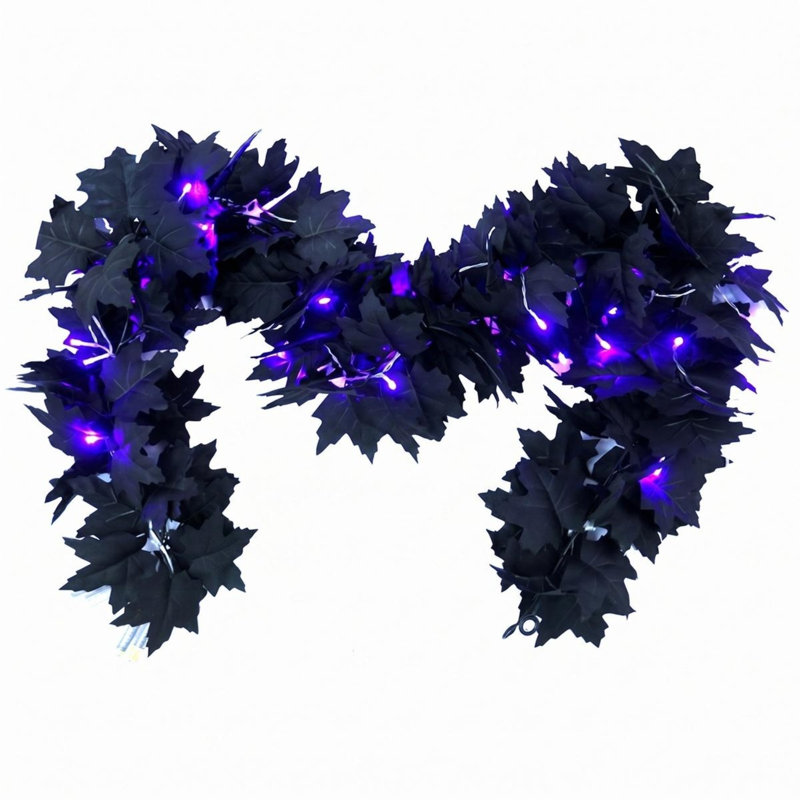 Ensemble de 4 guirlandes de feuilles d'érable noires de 6,5 pi avec lumières DEL mauves, vignes d'Halloween effrayantes pour la fête