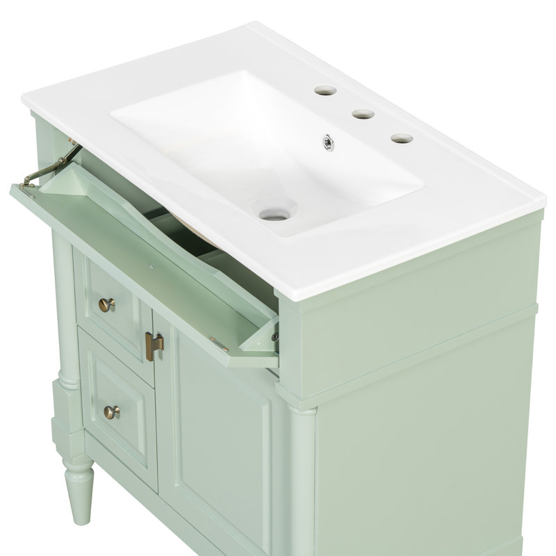 Meuble-lavabo et lavabo vert moderne, construction en bois massif avec rangement intelligent, élégance dans la salle de bain
