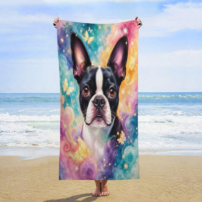 Boston Terrier Galaxy Butterflies Stars Microfiber Beach Towel Oversized, Soft Absorbent Sand Free Pool Bath Towel, Quick Dry Travel Picnic Blanket for Vacation Swimming, 30 x 60 in
