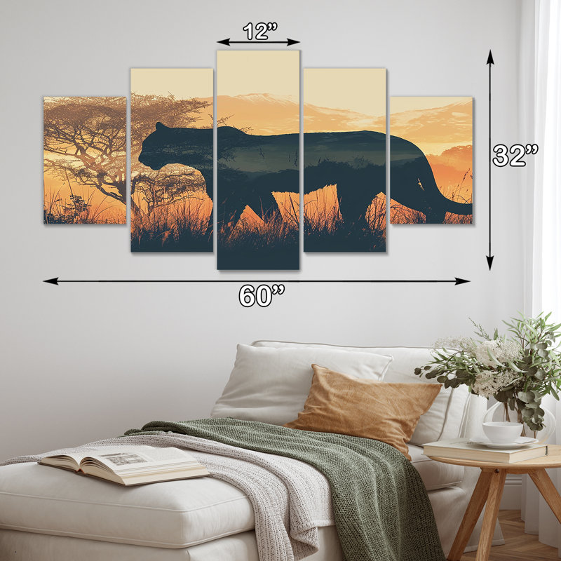 «Cougar Silhouette In The Savanne - Leopard Animal», art mural pour le salon, 5 pièces, 32" H x 60" W