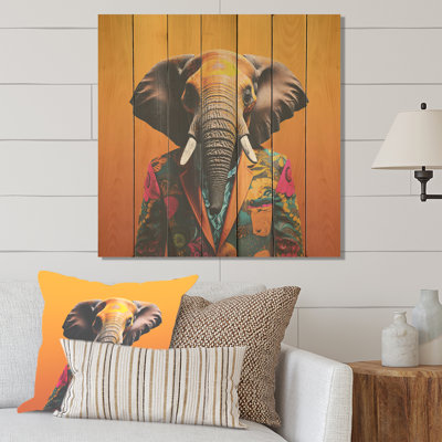 Elephant Suited Up Yellow And Pink - Elephant Animal On Wood Print