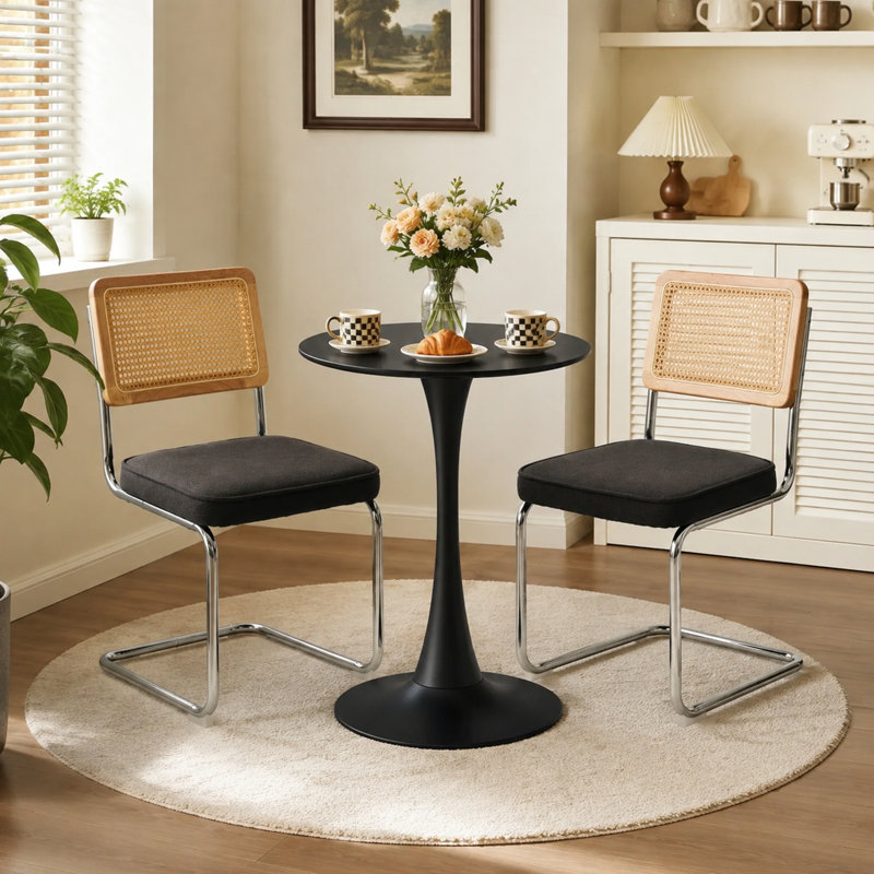 Chaises de salle à manger rembourrées de style Mid-Century avec dossier en rotin de canne et structure en porte-à-faux chromée