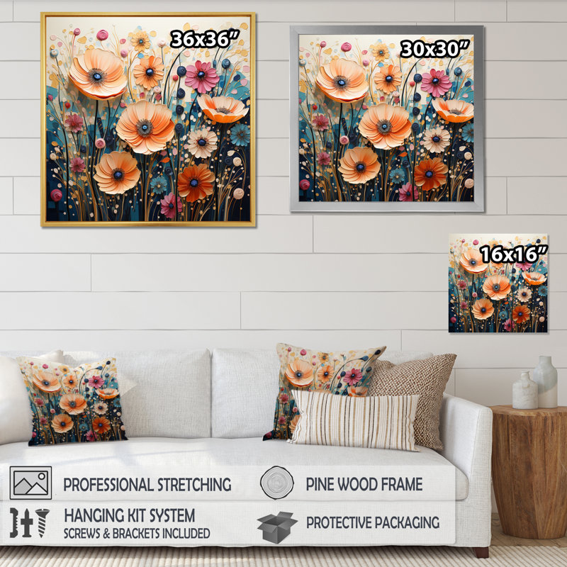 Motif abstrait pointillisme de fleurs sauvages sur toile, Cadre simple blanc, H 24 po x l 24 po x P 1 po