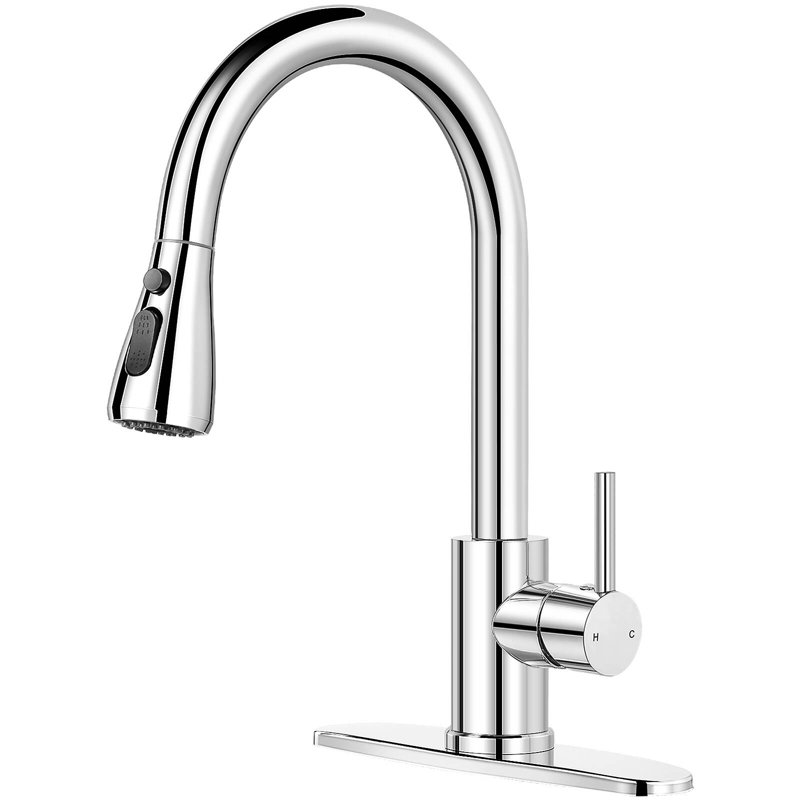 Robinet de cuisine à poignée simple avec deux modes de sortie d'eau rétractable, Chrome