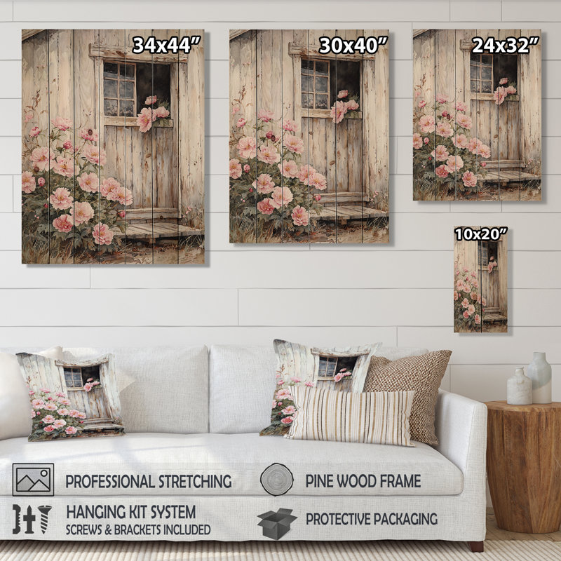Pivoines par la grange laiteuse III - Décoration murale en bois de pivoines - sur bois de pin naturel