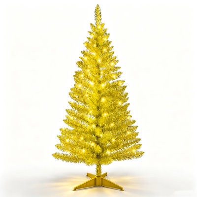 Arbre de Noël artificiel pré-éclairé 4 pi (48 po) doré, 122 pointes en PVC, 50 lumières chaudes certifiées UL, support stable, petit espace pour arbre de vacances d'intérieur