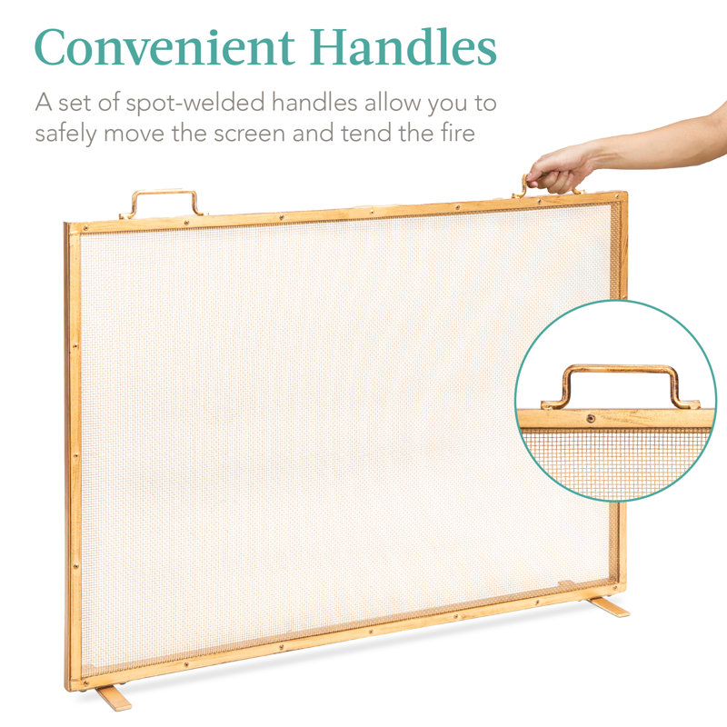 Cassiano 38x27in Single Panel Fireplace Screen Handcrafted Steel Mesh Spark Guard w/ Handles, Gold