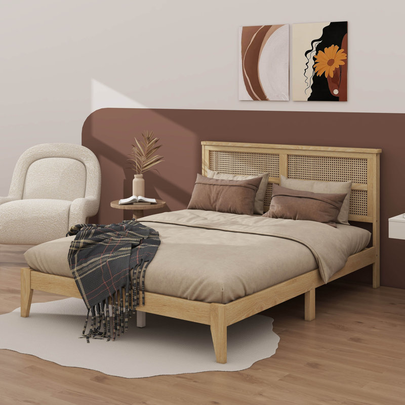 Queen-Size Bed Featuring A Rattan Headboard, Oak White