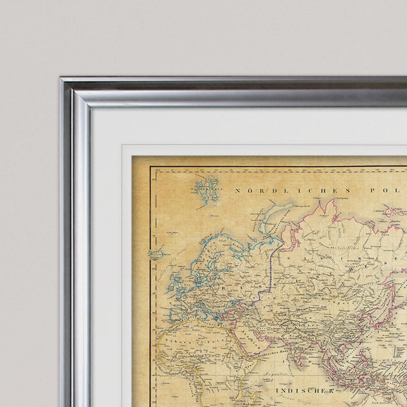 Carte du monde rétro «Parchement», reproduction d'art graphique encadrée, H 20 po x l 24 po x P 1,5 po, Cadre argenté