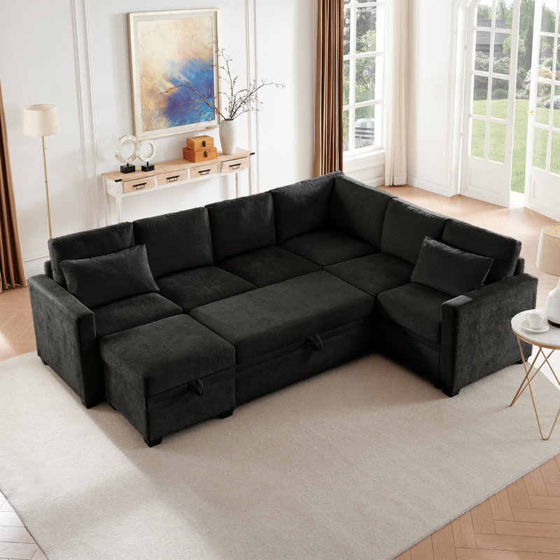 105.5’’ Wide U-Shaped Sleeper Sectional Pullout Sofa Bed With Storage Space, Black Chenille