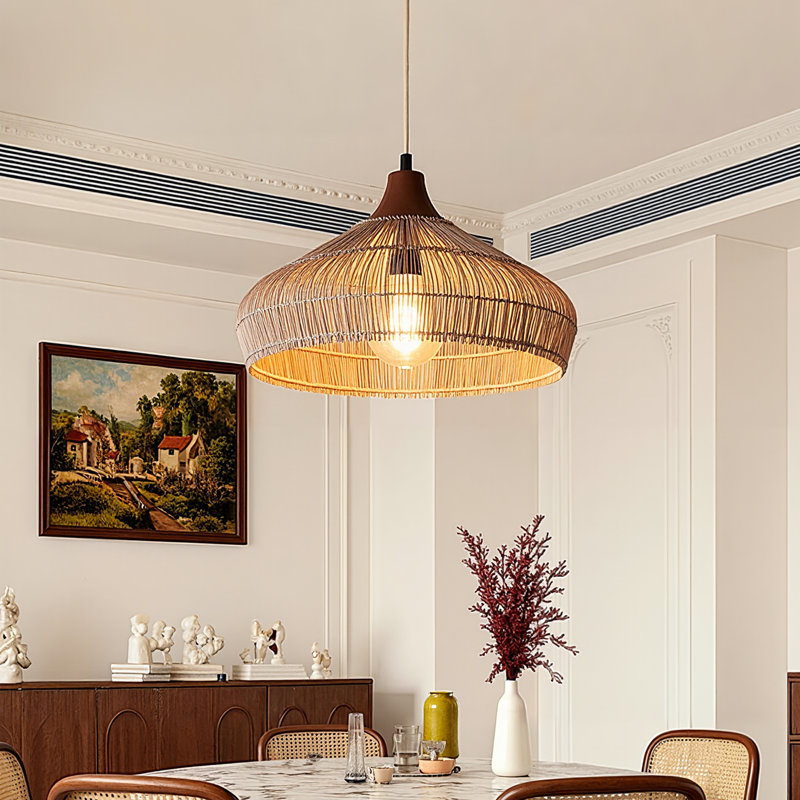 1-Light Rattan Lighting Fixture Handmade, 10.23" H x 15.74" W x 15.74" D