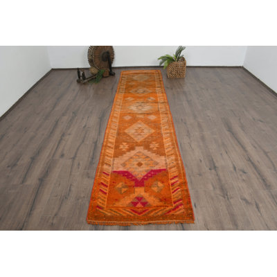 Vintage Wool Runner Rug, 30.7x131.5 Inch Geometric Orange Rug