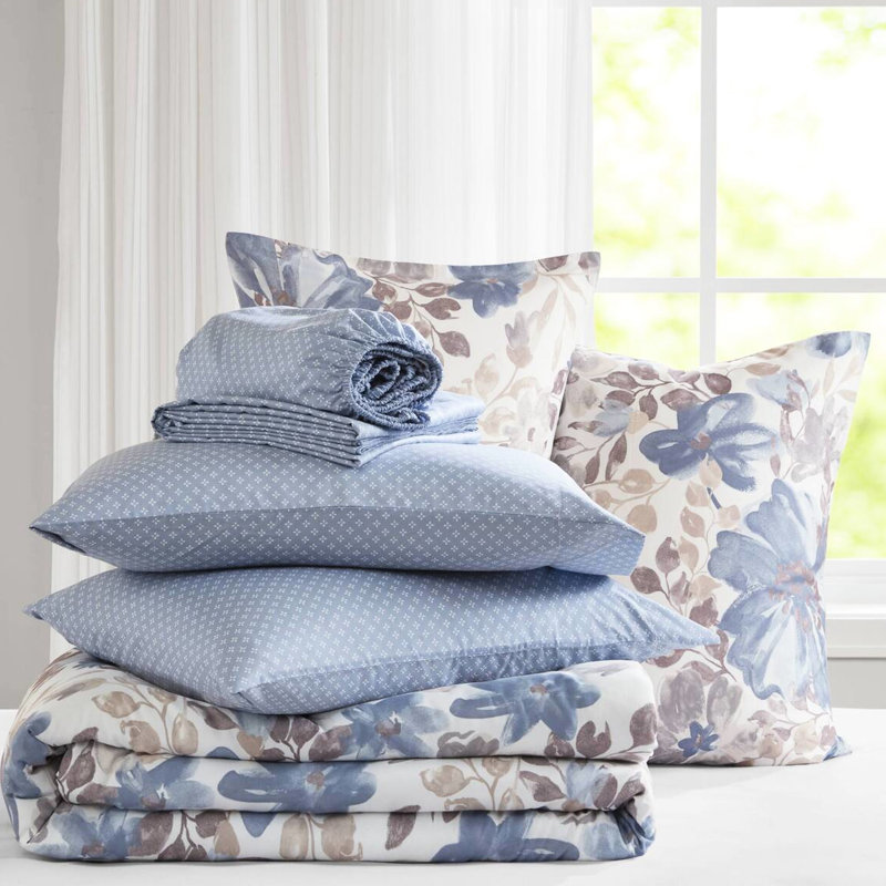 Édredon floral pour grand lit en bleu, doux, imprimé aquarelle, pour matelas jusqu'à 16 po, taille de draps lavables, aquarelle bleue