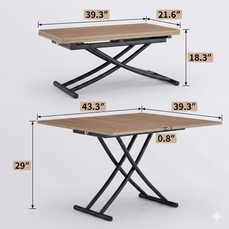 Modern Minimalist Multifunctional Lift Table, Features A 0.8-Inch Wood Grain Vinyl Desktop And Black Metal Legs, Can Be Used As A Dressing Table, Coffee Table, Dining Table, And Office Desk