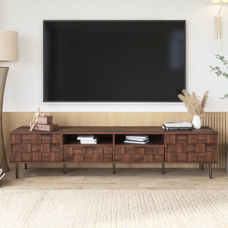 Meuble télé en bois Mid-Century pour téléviseur de 85 po ou moins, Marron foncé