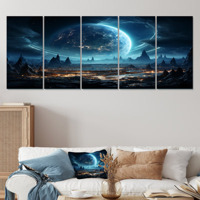 Ensemble de 5 décorations murales blanches et bleues «Cosmic Space Landscape III - Planets»