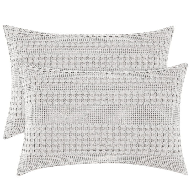 PHF 100% Cotton Ruffle Waffle Pillow Shams, 2 Pack Soft Skin-Friendly Bed Pillow Covers for Aesthetic Home Decor, Light Grey