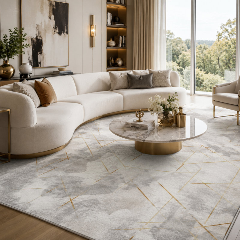 Modern Geometric Area Rug with Gold Accents, Grey Distressed Carpet, Non-Slip Stain-Resistant Durable Rug for Entryway, Living Room, Bedroom, Dining Room