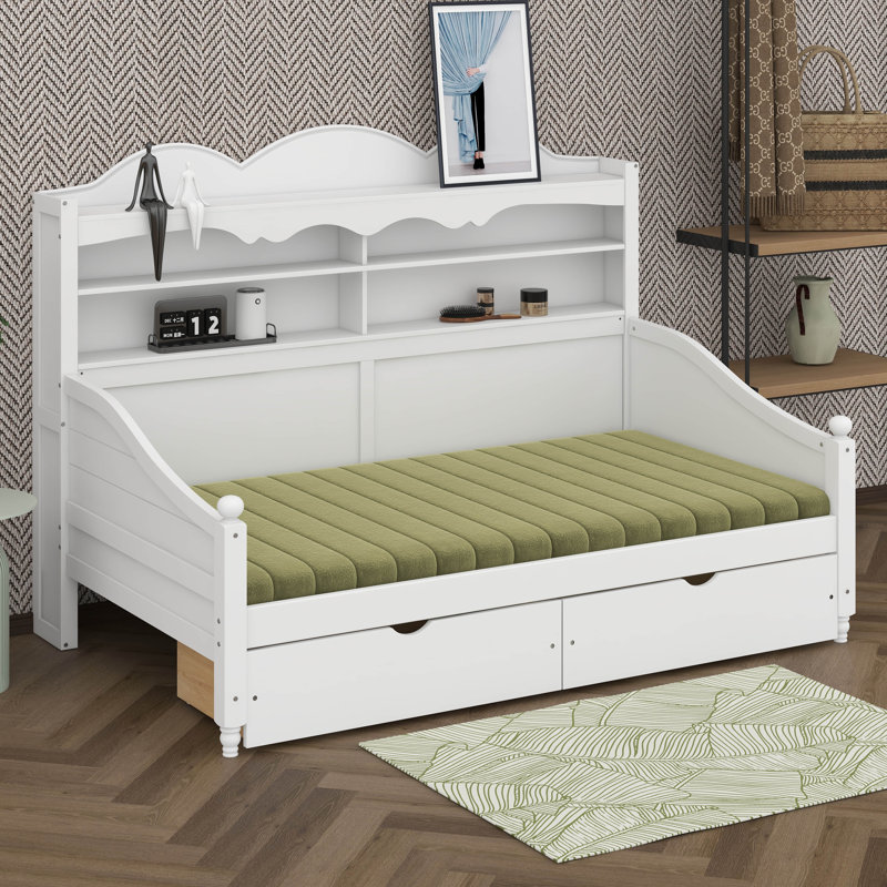 Lit de jour simple avec tiroirs de rangement et étagère de tête de lit, structure de lit de jour rétro en bois, Blanc