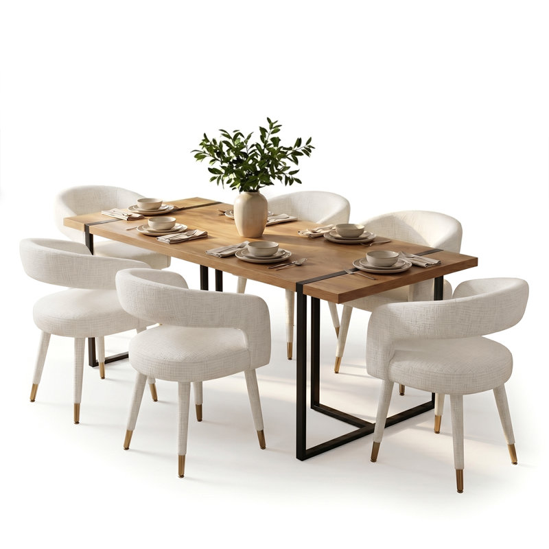 Modern 79" Rectangular Dining Table Set With 6 Upholstered Arm Dining Chairs, Offwhite