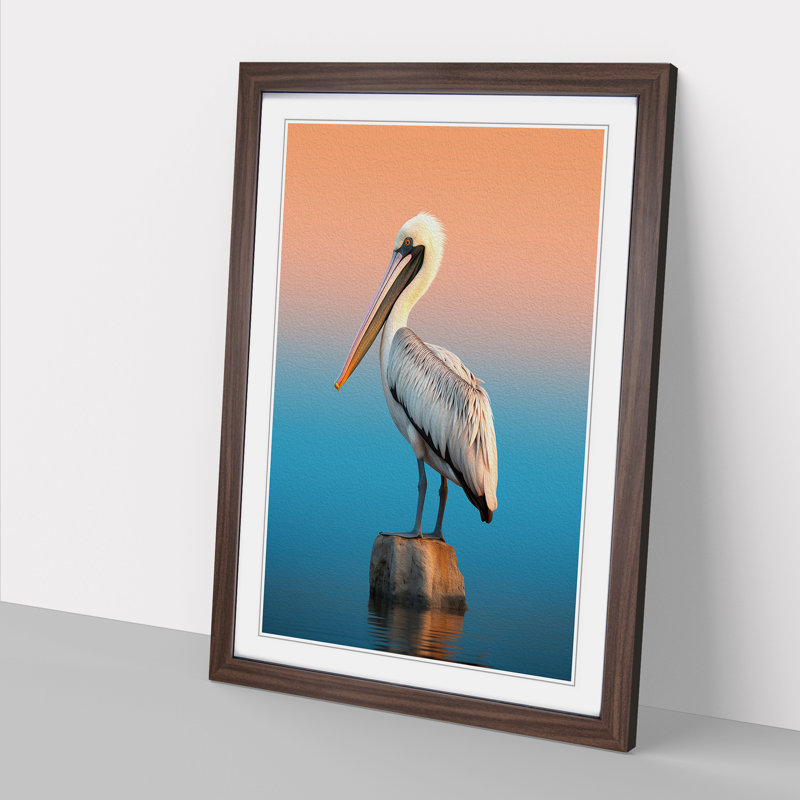Pelican Minimalism Art - Framed Print, 34cm H x 25cm W x 2cm D, Walnut Framed
