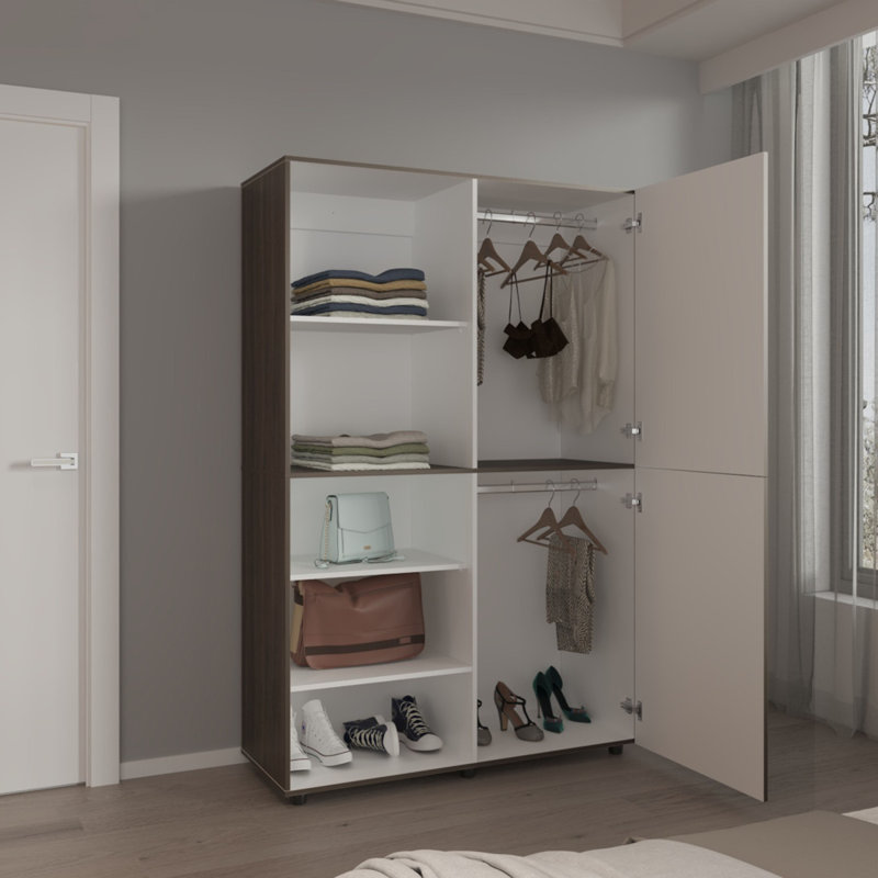 Garde-robe H 72,4 po, 2 portes, 6 pieds, 5 tablettes, garde-robe en noyer gris