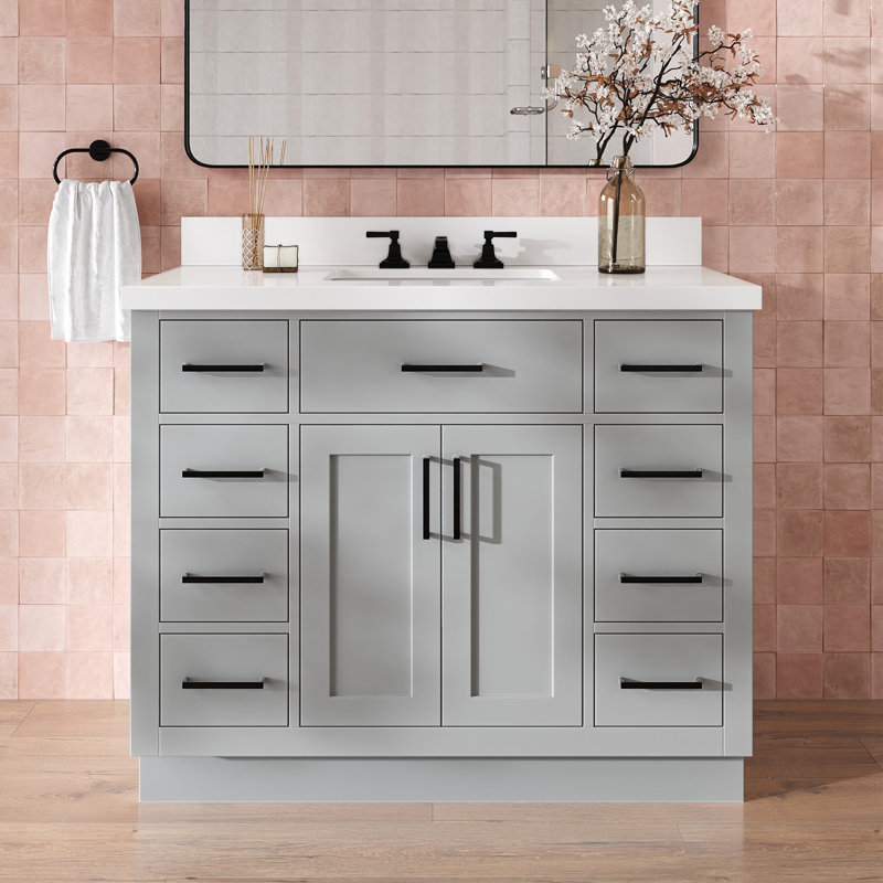 Tidworth 42' Solid Wood Single Bathroom Vanity with 1.5' White Quartz Top, Gris / noir mat, Forme rectangulaire