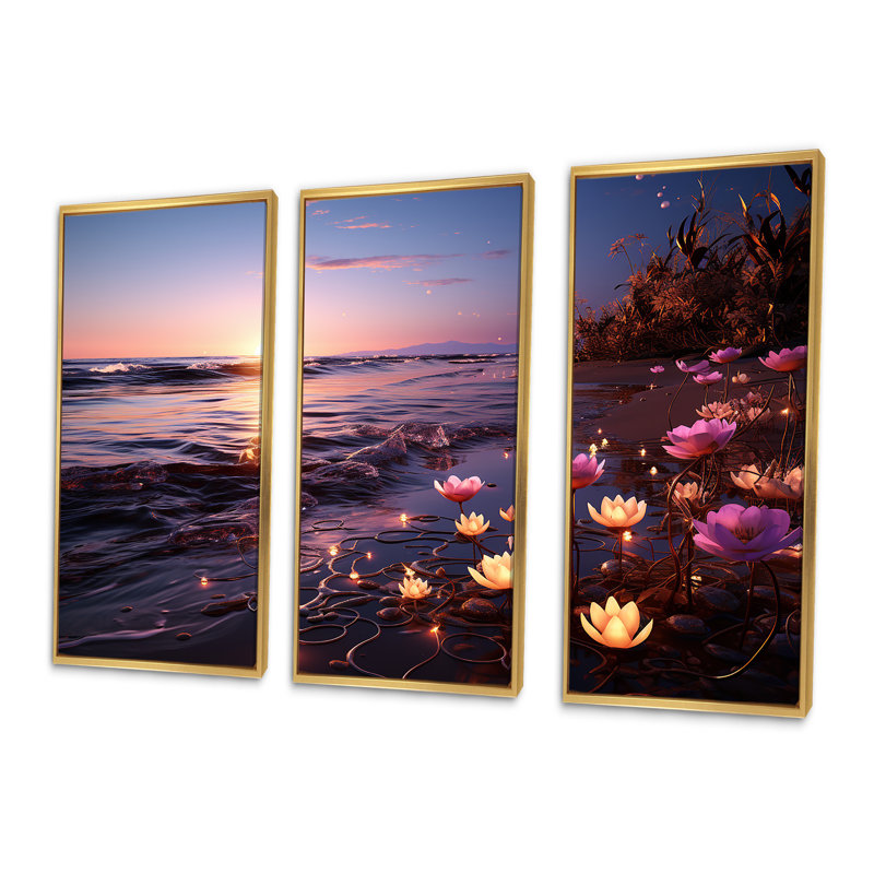 Coucher de soleil floral sur la plage Flourish III - art mural plage, Cadre flottant doré, H 32 po x l 48 po