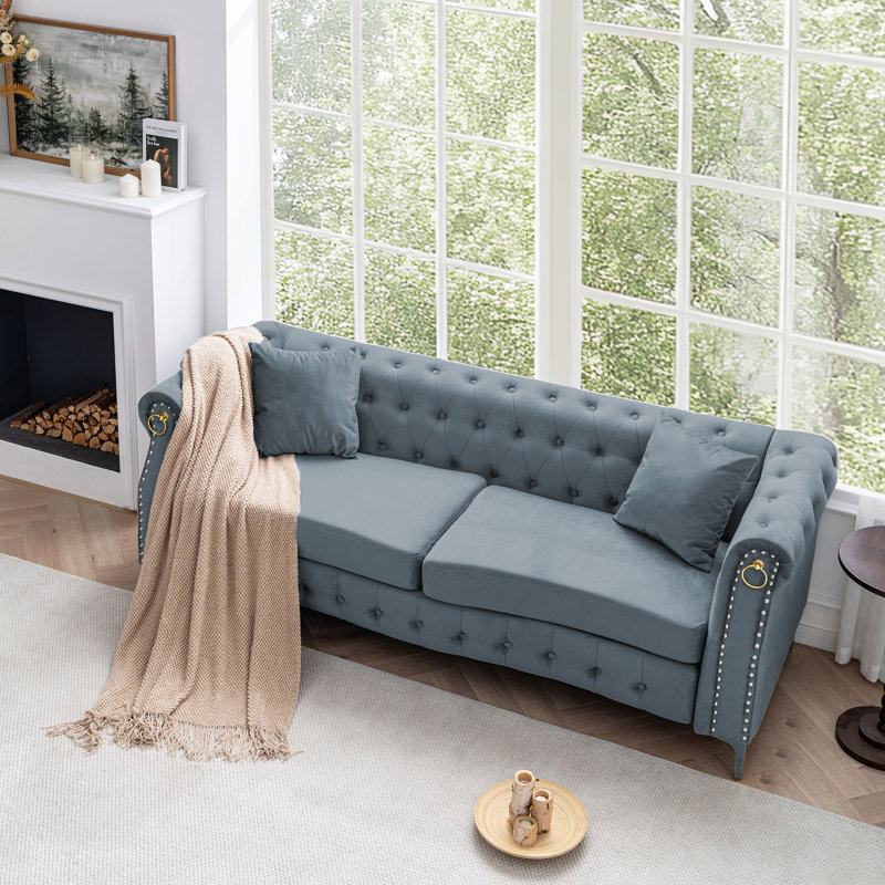  83.5" Velvet Chesterfield Tufted Sofa, Gray