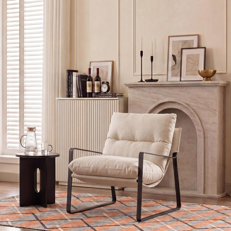 Metal Accent Stool, Beige, Chenille