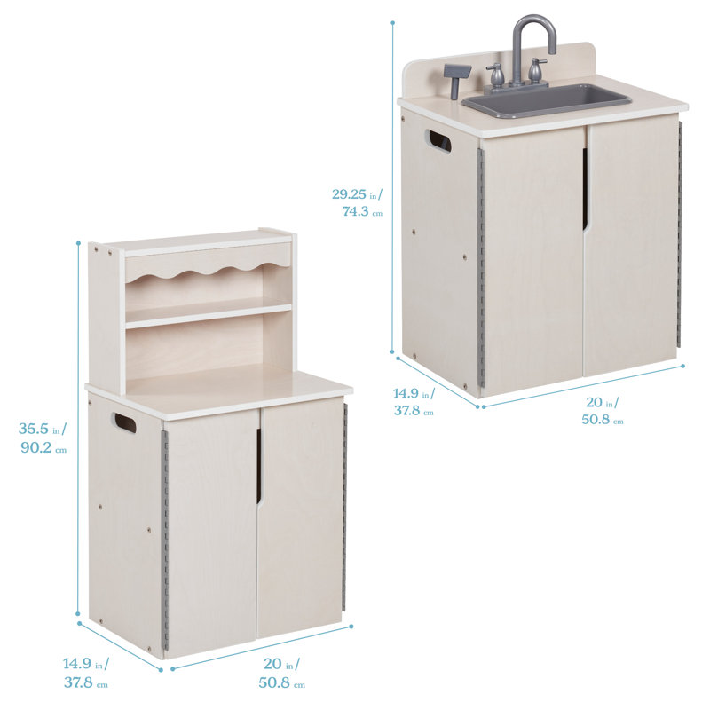 ECR4Kids Play Kitchen Cupboard, Stove, Sink, and Refrigerator, Wooden Playset, 4-Piece, White Wash