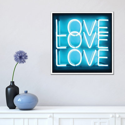 Neon Love Love Love Aqua On Black by Hailey Carr - Print on Canvas