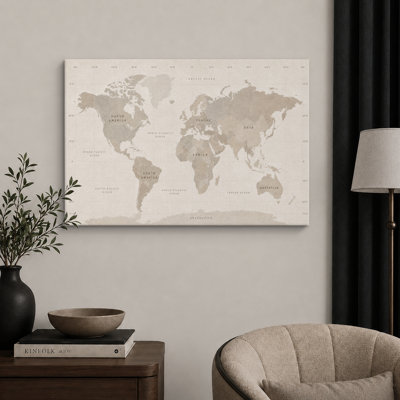 Neutral World Map Artwork, Office Pictures, Framed Canvas Giclee Print Wall Art