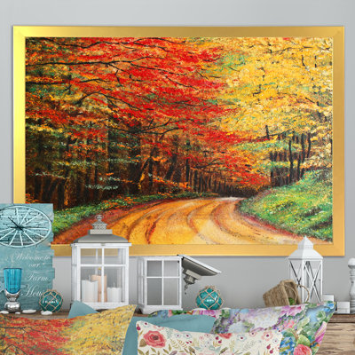 «Little Road In The Red and Yellow Autumn Forest», reproduction sur toile flottante
