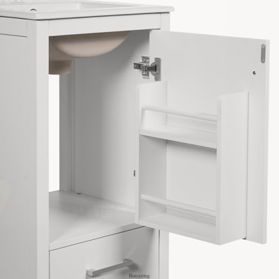 Meuble-lavabo moderne de 45,7 cm (18 pouces) avec lavabo en céramique, tiroirs à fermeture douce, organisateur de porte et pieds réglables pour les espaces étroits.