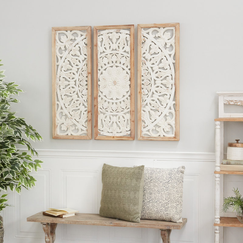 Ensemble de décorations murales en bois blanc sculpté avec motif mandala