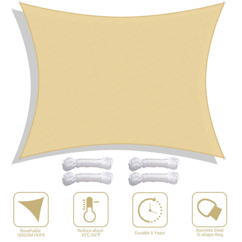 Beige HDPE Rectangle Sun Shade Sail for Patio, 13x10 ft