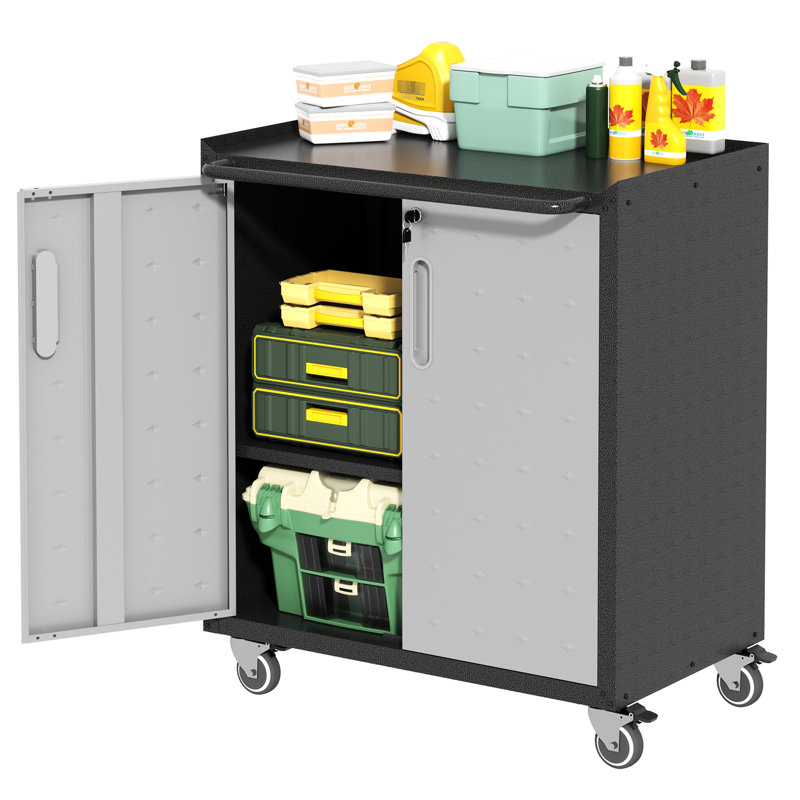Heavy-Duty Metal Utility Cabinet With Wheels - Spacious For Garage, Home. Adjustable Shelves, Rustproof. Black And Gray. 29.11"W X 16.75"D 34.24"H Rolling For Workshop, Spacious, Adjustable, +