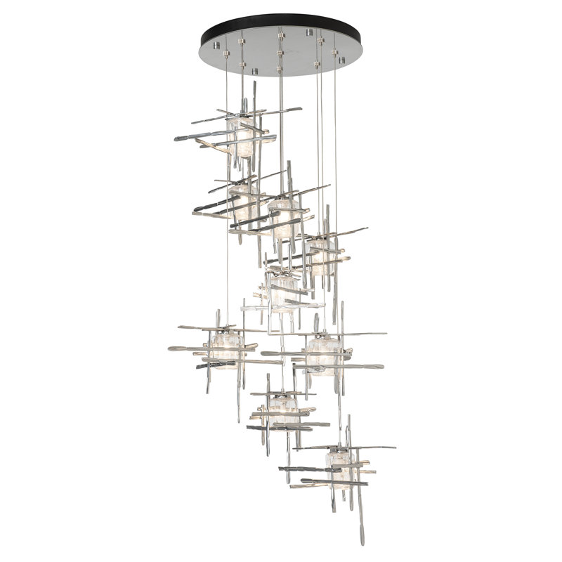 Tura 9-Light Glass Round Pendant, Seeded Clear, 30" - 130", Sterling