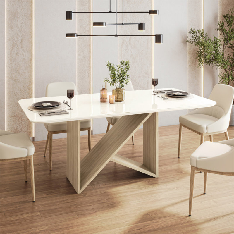 Table de salle à manger 6 places de style italien avec plateau en verre peint et base en bois élégant, naturel et chêne